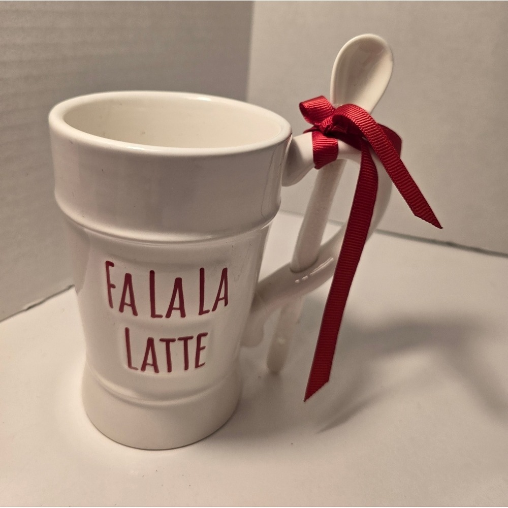 White Mug with Red‎ Ribbon and Spoon